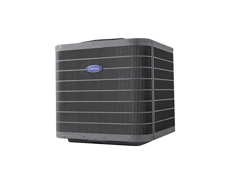 Gray residential HVAC air conditioning condenser unit with blue Carrier logo