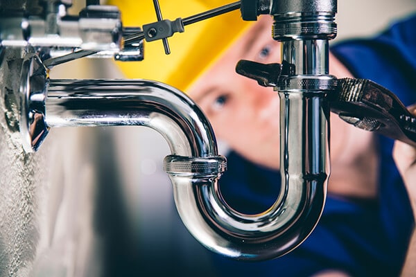 Plumber repairing outdoor faucet in Portland home.